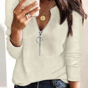 Round Neck Long Sleeves Front Half Zipper Tee Casual Pullover Top, women T-shirt & Tees, ChicMe catalog
