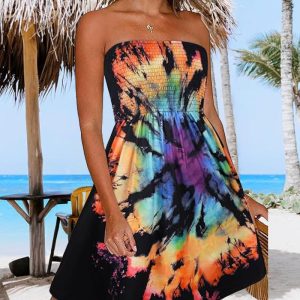 Floral Print Bandeau Sleeveless Ruched Boho Dress Casual Backless Smocked A Line Dress, women Casual Dresses, ChicMe catalog