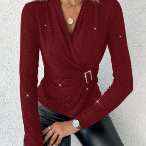 Rhinestone Buckle Decor Overlap V-Neck Long Sleeve Tee Glitter Slim Fit Ruched Top, women Sweaters & Cardigans, ChicMe catalog