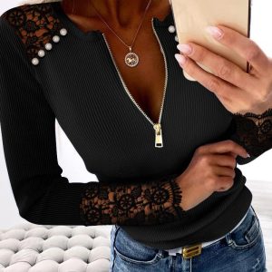 Contrast Lace Beaded Round Neck Long Sleeve Front Zipper Knit Pullover Casual Top, women T-shirt & Tees, ChicMe catalog