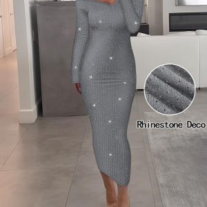 V-Neck Long Sleeve Rhinestone Decor Ribbed Bodycon Dress, women Bodycon Dresses, ChicMe catalog