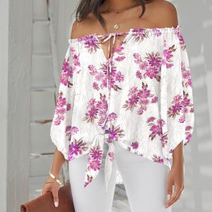 Floral Print Off Shoulder Eyelet Embroidery Blouse Three Quarter Sleeve Tied Detail Top, women Blouses & Shirts, ChicMe catalog
