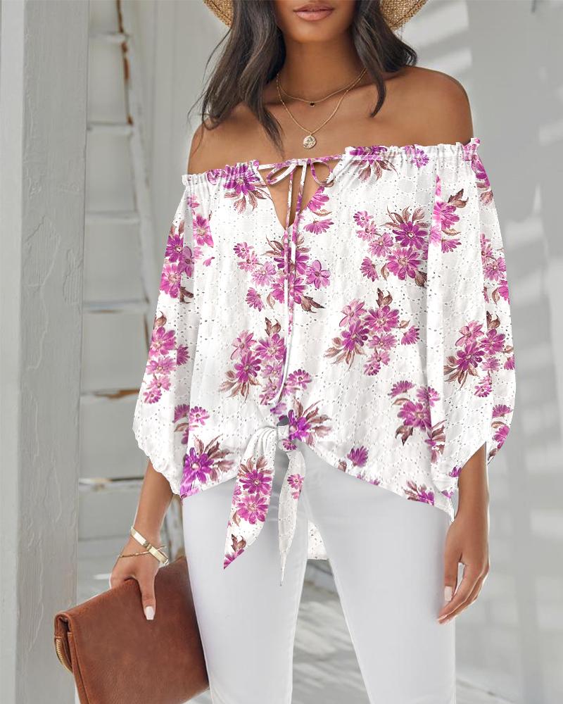 Floral Print Off Shoulder Eyelet Embroidery Blouse Three Quarter Sleeve Tied Detail Top, women Blouses & Shirts, ChicMe catalog