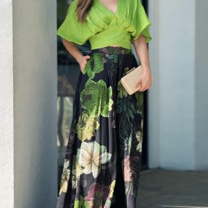 2 Pieces V Neck Short Sleeve Ruched Top and Floral Print Pocket Design Wide Leg Pants Sets, women Two-piece Sets, ChicMe catalog