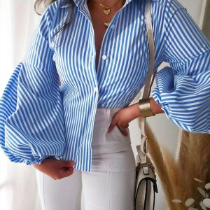 Striped Print Turn-Down Collar Lantern Sleeve Slim Fit Blouse Front Button Casual Top, women Blouses & Shirts, ChicMe catalog