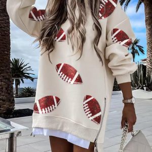 Rugby Pattern Contrast Sequin Round Neck Long Sleeve Pullover Sweatshirt Zipper Slit Casual Dress, women Casual Dresses, ChicMe catalog