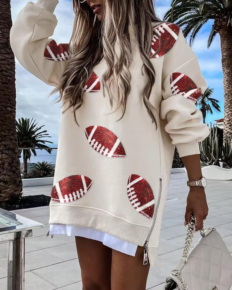 Rugby Pattern Contrast Sequin Round Neck Long Sleeve Pullover Sweatshirt Zipper Slit Casual Dress, women Casual Dresses, ChicMe catalog