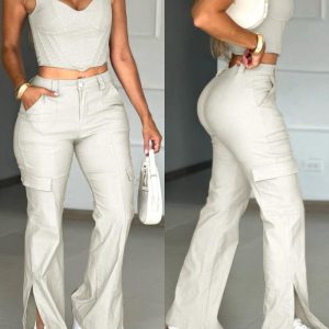 2 Pieces Spaghetti Strap V-Neck Crop Top and Casual Pocket Design Button Front Slit Cargo Pants Set, women Two-piece Sets, ChicMe catalog