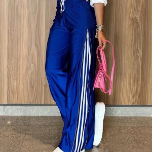 Striped Side Zipper Design Drawstring Wide Leg Casual Pants, women Pants, ChicMe catalog