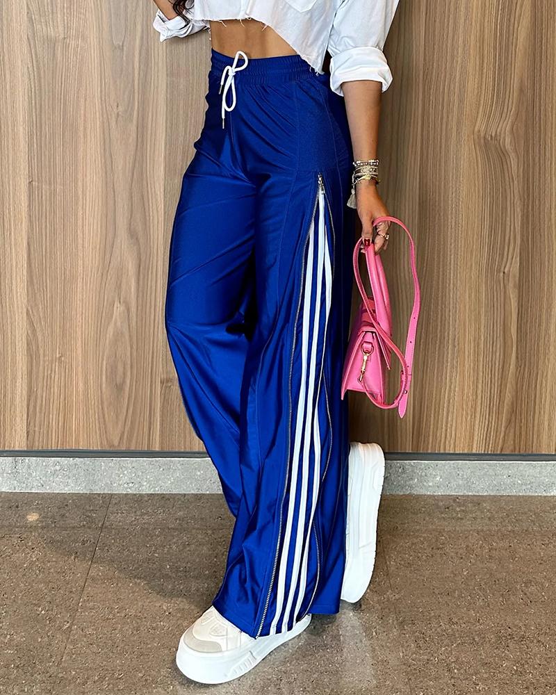 Striped Side Zipper Design Drawstring Wide Leg Casual Pants, women Pants, ChicMe catalog