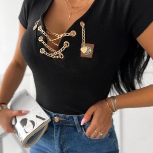 Chain Decor Lace Up V Neck Short Sleeve T-Shirt Casual Rhinestone Patch Slim Fit Top, women T-shirt & Tees, ChicMe catalog
