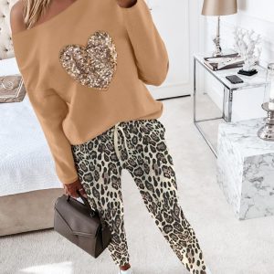 2 Pieces Outfit Sequin Heart Decor Skew Neck Top and Leopard Print Drawstring Elastic Waist Pants Set with Pockets, women Two-piece Sets, ChicMe catalog