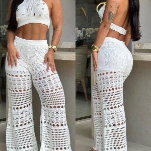 2 Pieces Round Sequin Knitted Halter Sleeveless Crop Top and Casual Strechy Waist Wide Leg Knit Pants Set, women Two-piece Sets, ChicMe catalog