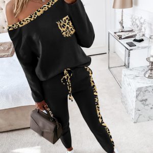 2 Pieces Pants Sets Rhinestone Leopard Print Off Shoulder Long Sleeve Top and Drawstring Skinny Pants, women Two-piece Sets, ChicMe catalog