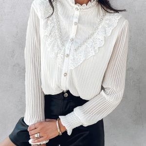 Stand Collar Lantern Sleeve Beaded Lace Frill Hem Ruched Blouse Elegant Top, women Blouses & Shirts, ChicMe catalog