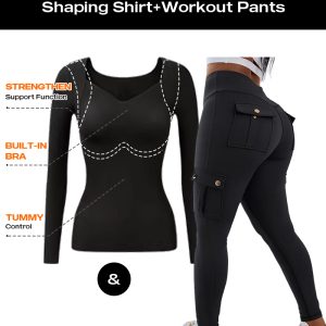 2 Pieces Outfits V Neck Long Sleeve Slim Fit Top and Pocket Design Jogger Legging Pants Workout Sets, women Two-piece Sets, ChicMe catalog