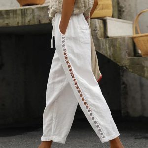 Drawstring Elastic Waist Side Hollow Out Spliced Pocket Design Casual Pants, women Pants, ChicMe catalog