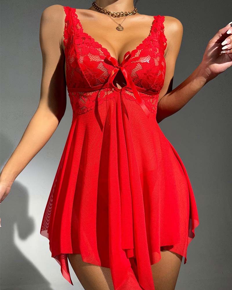 V Neck Contrast Lace Spaghetti Strap Babydolls Sexy See Rhrough Sheer Mesh Sleep Dress, women Babydolls, ChicMe catalog
