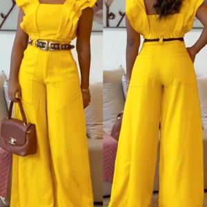 2 Piece Sqaure Neck Flutter Sleeve Shirred Top High Waist Wide Leg Pants Elegant Pants Set, women Two-piece Sets, ChicMe catalog
