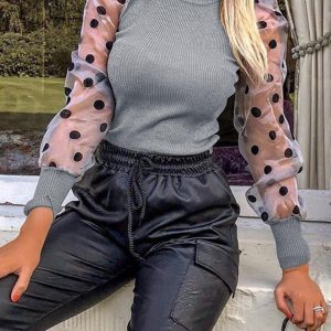 Dot Mesh Patch Mock Neck Puff Sleeve Blouse Casaul Pullover Knit Top, women Blouses & Shirts, ChicMe catalog