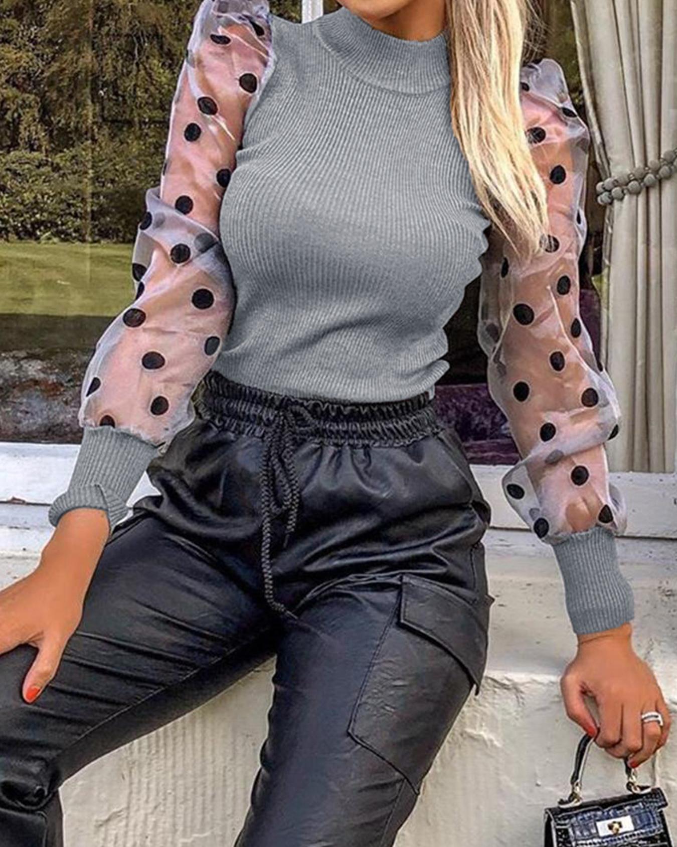 Dot Mesh Patch Mock Neck Puff Sleeve Blouse Casaul Pullover Knit Top, women Blouses & Shirts, ChicMe catalog