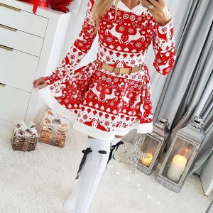 Christmas Print Long Sleeve Colorblock Hoodie Mini Dress Casual Flared Dress, women Casual Dresses, ChicMe catalog