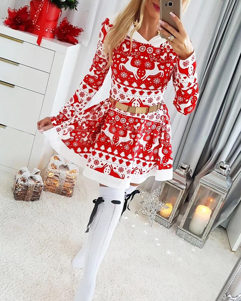 Christmas Print Long Sleeve Colorblock Hoodie Mini Dress Casual Flared Dress, women Casual Dresses, ChicMe catalog