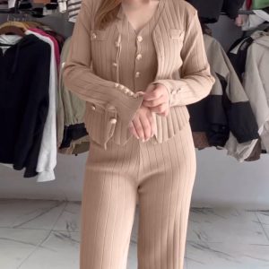 3 Pcs Outfits V Neck Long Sleeve Knit Coat with Metal Button Detail Tank Top Casual Long Pants Knit Sets, women Two-piece Sets, ChicMe catalog