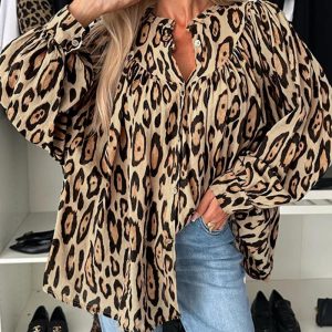 Leopard Print Stand Collar Lantern Sleeve Front Button Blouse Casual Loose Fit Top, women Blouses & Shirts, ChicMe catalog