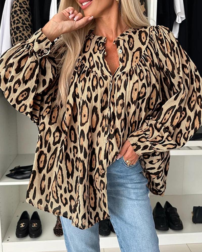 Leopard Print Stand Collar Lantern Sleeve Front Button Blouse Casual Loose Fit Top, women Blouses & Shirts, ChicMe catalog