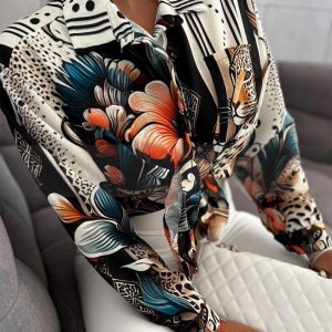 Floral & Polka Dot Colorblock Print Turn-down Collar Button Front Shirt Casual Pocket Design Asymmetrical Hem Top, women Blouses & Shirts, ChicMe catalog
