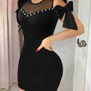 Cold Shoulder Beaded Bowknot Design Bodycon Dress Sheer Mesh Patch Mini Dress, women Bodycon Dresses, ChicMe catalog