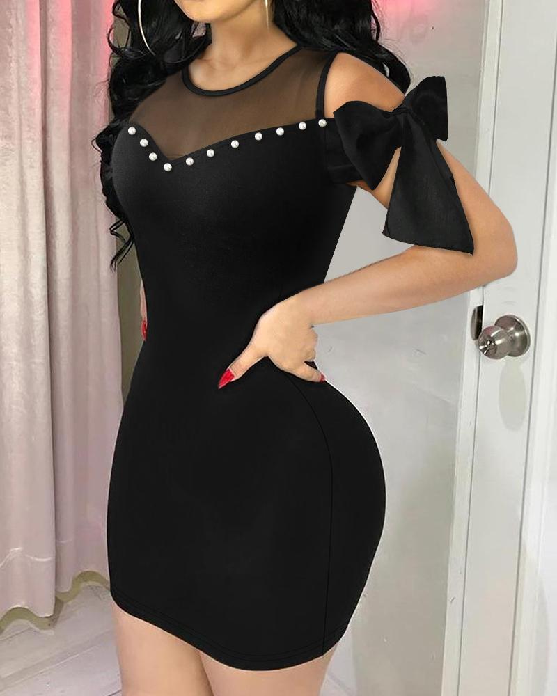 Cold Shoulder Beaded Bowknot Design Bodycon Dress Sheer Mesh Patch Mini Dress, women Bodycon Dresses, ChicMe catalog