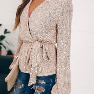Tied Detail Lantern Sleeve Allover Sequins Top, women Blouses & Shirts, ChicMe catalog