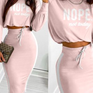 2 Pieces Outfits Letter Print Round Neck Long Sleeve Crop Top and Colorblock Print Drawstring Bodycon Skirt Set, women Two-piece Sets, ChicMe catalog