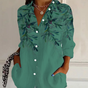 Women's Long Sleeve Shirt Spring/Fall Plants Buckle Shirt Collar Daily Going Out Casual Top, JustFashionNow Shirts, color:Green|size:XXL,