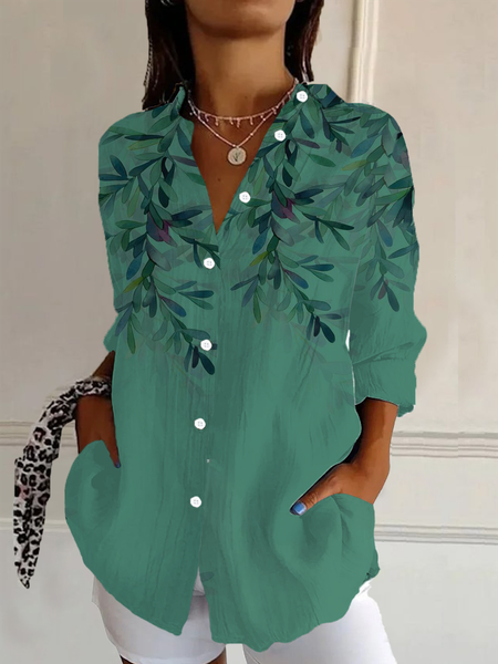 Women's Long Sleeve Shirt Spring/Fall Green Plants Buckle Shirt Collar Daily Going Out Casual Top, Blouses, Lilicloth.com
