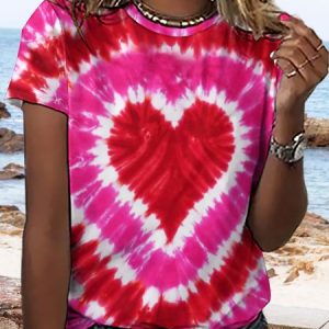 Women's Valentines Day Red and Pink Heart Tie Dye Casual Crew Neck T-Shirt, T-shirts, Lilicloth.com