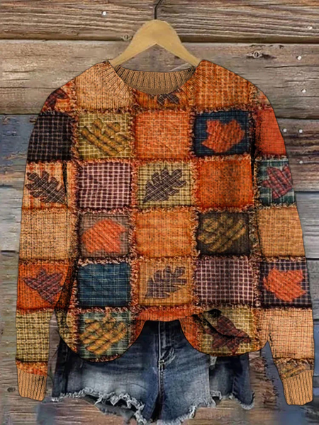 Autumn Thanksgiving Maple Leaf Print Simple Loose Sweater, Sweaters, Lilicloth.com