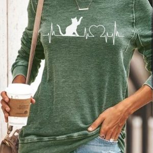 Womens Cute Heartbeat Cat Lover Crew Neck Sweatshirt, Hoodies&Sweatshirts, Lilicloth.com