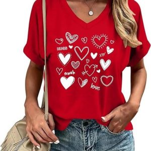 Casual Geometric V Neck Short Sleeve T-shirt, T-shirts, color:Red|size:4XL, catalog Noracora shop