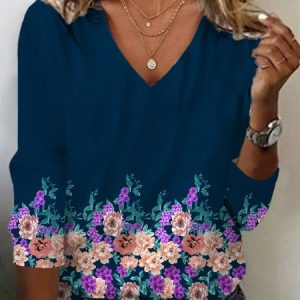 Floral Print Long Sleeve V-Neck T-shirt, Long sleeves, Lilicloth.com