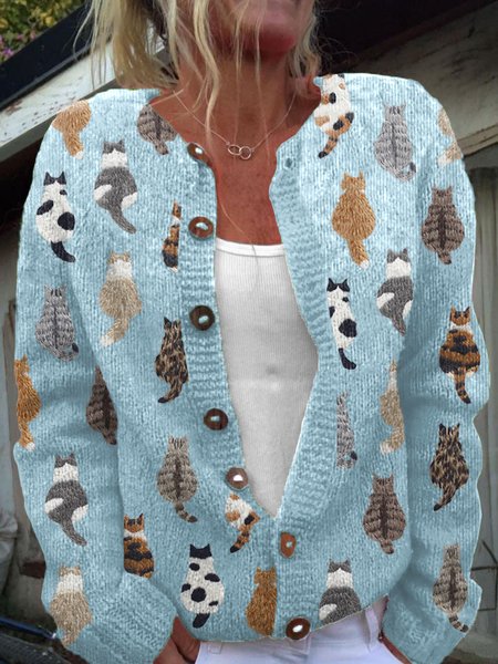 Cat round neck button knit sweater, Cardigans, Lilicloth.com