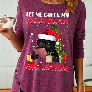Womens Funny Christmas Black Cat Print Top, Long sleeves, Lilicloth.com