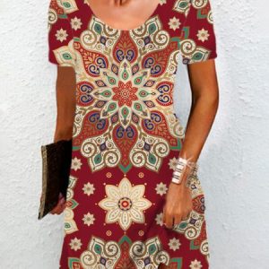Women Ethnic Crew Neck Short Sleeve Comfy Casual Mini Dress, Short, color:Wine Red|size:XXL, catalog Noracora shop