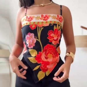 Floral Print Bandeau Spaghetti Strap Tank Casual Back Tied Detail Asymmetrical Hem Top, women Tanks & Crop Tops, ChicMe catalog