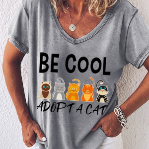 Women's Cat Lover Cat Adoption Loose Simple V Neck T-Shirt, T-shirts, Lilicloth.com