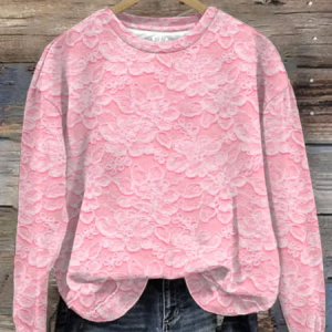 Women's Pink Floral Print Crew Neck Casual Loose Sweatshirt, Hoodies&Sweatshirts, Lilicloth.com