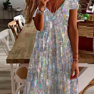 Women's Short Sleeve Summer Ombre Dress V Neck Daily Going Out Casual Knee Length T-Shirt Dress H-Line Dress, JustFashionNow Casual Dresses, color:As Picture|size:XXL,
