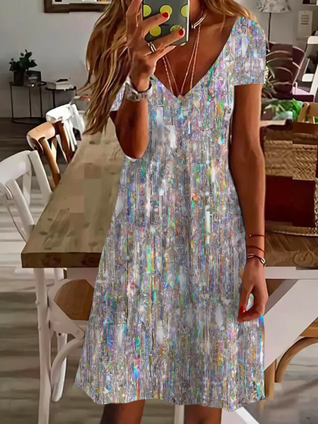 Women's Short Sleeve Summer Ombre Dress V Neck Daily Going Out Casual Knee Length T-Shirt Dress H-Line Dress, JustFashionNow Casual Dresses, color:As Picture|size:XXL,